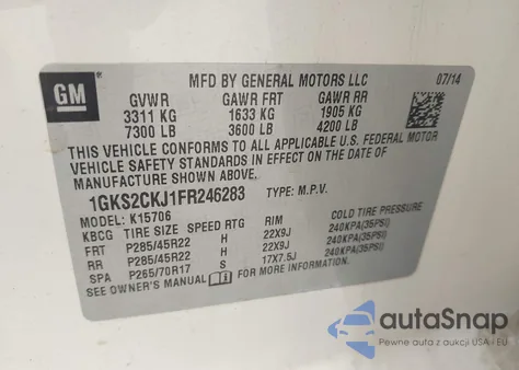 2015 GMC Yukon Denali z USA, uszkodzony, nr VIN 1GKS2CKJ1FR246283